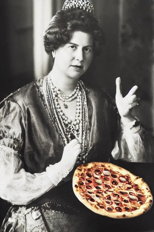 Image similar to historical photo of queen margherita ( savoy ) sharing a pizza! margherita with her friends, full body, portrait photo, diffuse light, acclaimed masterpiece