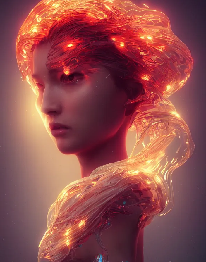 Image similar to goddess portrait. jellyfish phoenix head. intricate artwork by Tooth Wu and wlop and beeple. octane render, trending on artstation, greg rutkowski very coherent symmetrical artwork. cinematic, hyper realism, high detail, octane render, 8k