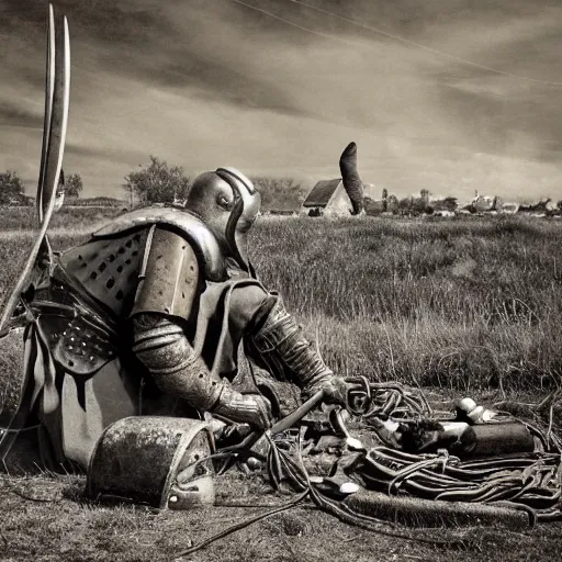 Image similar to wise angle photo of viking in armor working on the mechanical ancient device, tools and junk on the ground,wires and lights, old village in the distance, vintage old photo, black and white, sepia