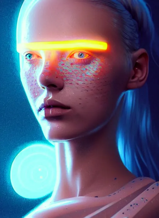 Image similar to beautiful scandinavian female humanoid with freckles, by loish, d & d, fantasy, cyber neon lighting, futurism, intricate futuristic jewelry accessories, cyberpunk high fashion glossy latex swimsuit, profile posing, perfect anatomy, hyper photorealistic, digital photography, artstation, pinterest, concept art, art by pascal blanche and greg rutkowski,