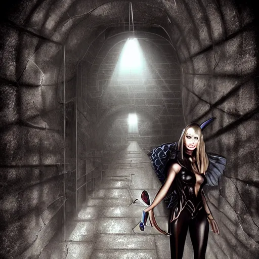 Image similar to a schoolboy and intimidating by a succubus in a leather suit leaning on a cracked brick wall, devil wings, long hallway, seductive, light at the end of the tunnel, volumetric lighting, concept art, detailed, dramatic lighting, by artgerm