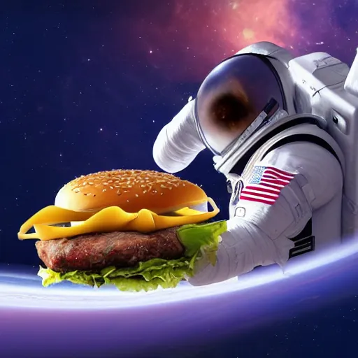 Prompt: a humanoid chicken!!!!! astronaut trying to eat a burger while floating inside of a space station, trending on artstation, cgsociety contest winner, 4 k quality, digital art, anime style, studio ghibli!!!!!