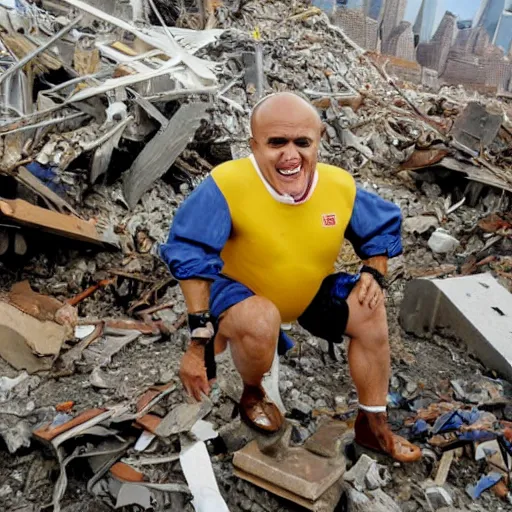 Image similar to a wide shot of a very drunk evil Rudy Giuliani squatting smiling wearing a yellow speedo on top of the world trade center rubble pile in new york