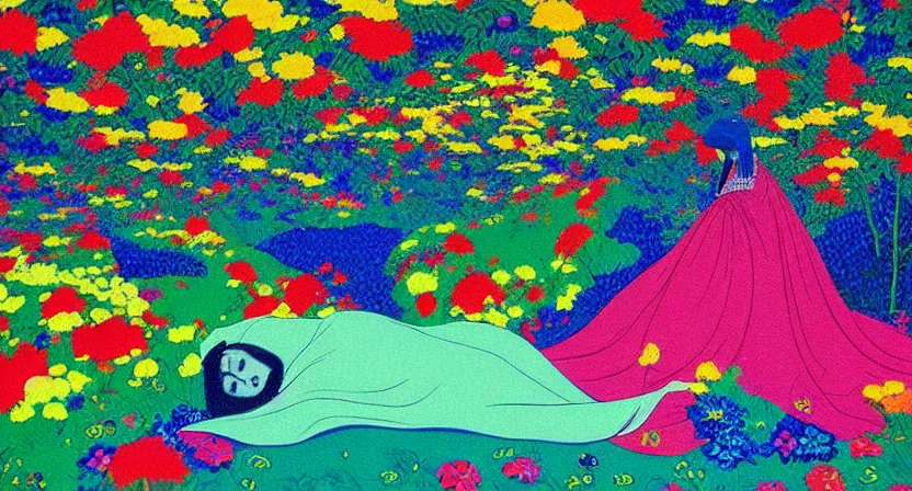 Prompt: a lady taking a long nap on a bed made of flowers, bright neon colours, highly detailed, cinematic, hiroo isono, eyvind earle