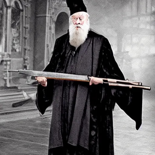 Image similar to 📷 Dumbledore with a sawed-off shotgun