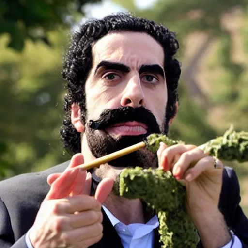 Image similar to Sacha Baron Cohen as borat smoking a giant rolled cannabis cigarette, 8k, hyper-detailed, smoke