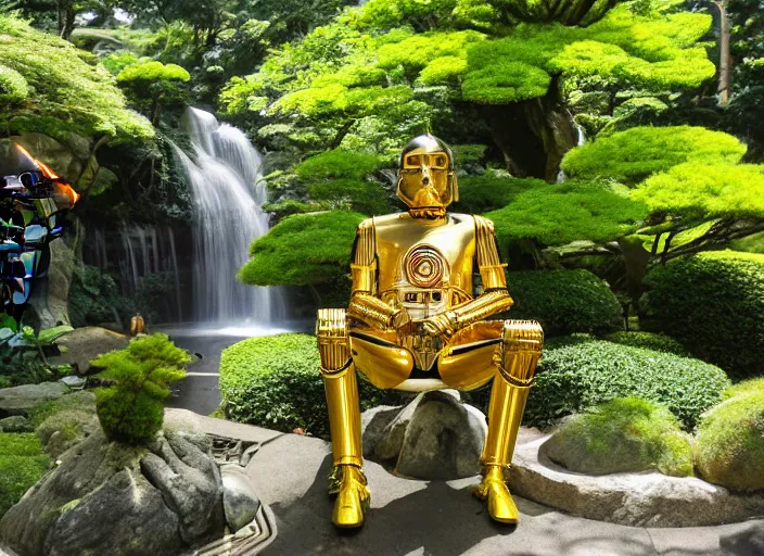 Image similar to C-3PO sitting in a lush japanese garden, C-3PO is holding a machine gun, waterfall, bright sun, still from star wars, shot on film, depth of field, nature show, incredible detail, dramatic lighting