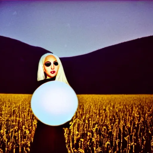 Prompt: an extreme wide shot of a lady gaga holding a glowing white orb standing in a field of dead grass next to a lake, wide angle, in the distance, far away, vintage photo, film grain, cold weather