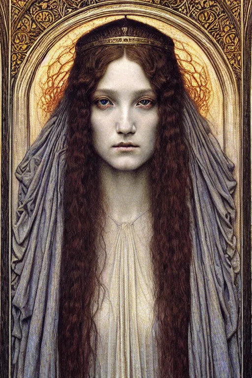 Image similar to detailed realistic beautiful young medieval queen face portrait by jean delville, gustave dore and marco mazzoni, art nouveau, symbolist, visionary, gothic, pre - raphaelite. horizontal symmetry