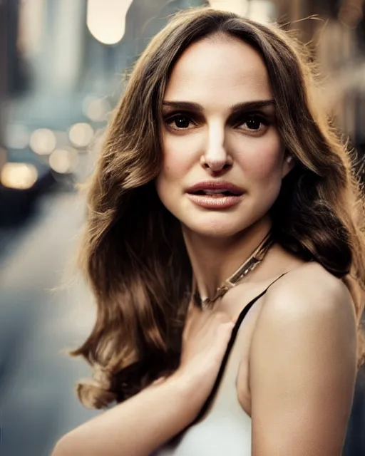 Image similar to Beautiful Head and shoulders portrait of confident flirty Natalie Portman with straight long brown hair, by Zoë Mozert , Stephen Wayda , alberto Vargas, arney freytag, artstation, 35mm, fashion photoshoot, posing in an urban street, golden hour, bokeh, rim lighting, fashion pose, octane, 4k