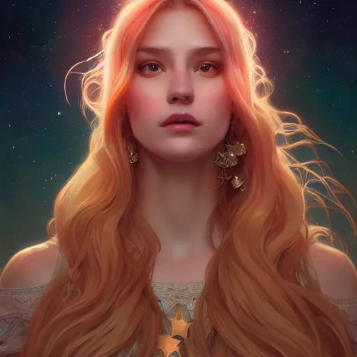 Image similar to aurora, girl with super long hair, hair becoming bright stars, intricate, highly detailed, digital painting, artstation, concept art, smooth, sharp focus, illustration, unreal engine 5, 8 k, art by artgerm and greg rutkowski and alphonse mucha