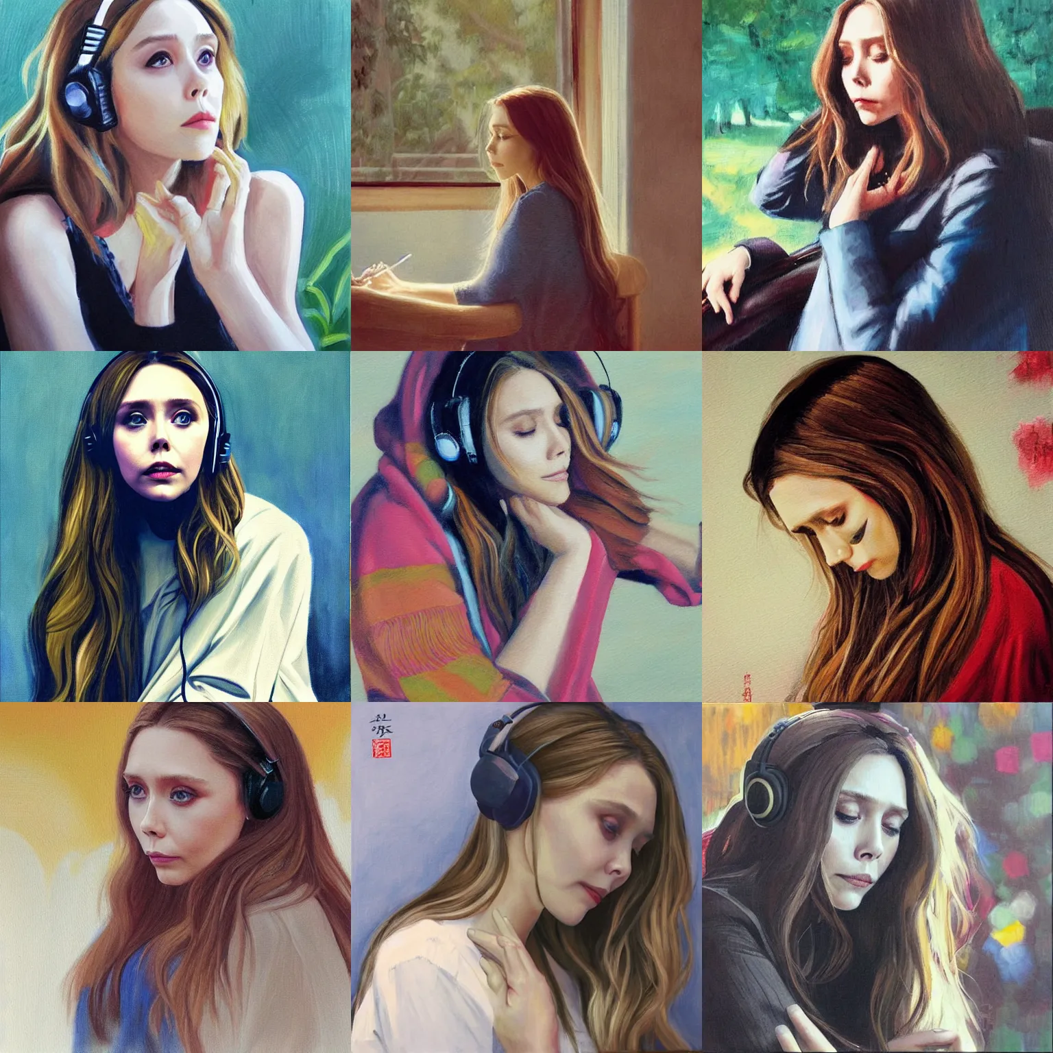 Prompt: elizabeth olsen listening a music, a painting by shitao, featured on pixiv, art, pixiv, masterpiece