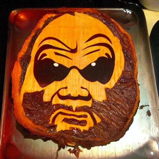 Prompt: chuck roast norris, food photo of chuck norris face carved into chuck roast