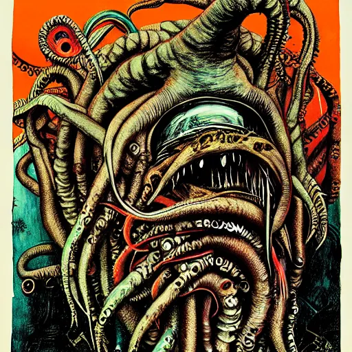 Image similar to graphic illustration, creative design, cthulhu, biopunk, by ralph steadman, francis bacon, hunter s thompson, highly detailed, mixed media