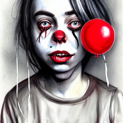Image similar to surrealism grunge cartoon portrait sketch of billie eilish with a wide smile and a red balloon by - michael karcz, loony toons style, pennywise theme, horror theme, detailed, elegant, intricate