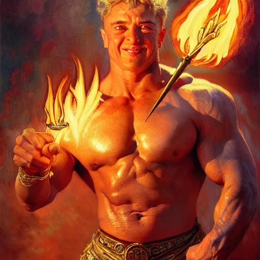 Image similar to stunning male bodybuilder master wizard casting fire spell, highly detailed painting by gaston bussiere, craig mullins, j. c. leyendecker, 8 k