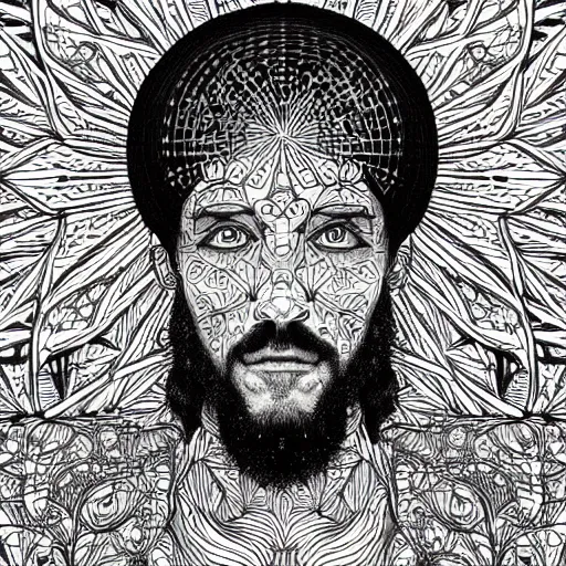 Image similar to Geometrically surreal Jesus, extremely high detail, photorealistic, intricate line drawings, dotart, album art in the style of James Jean