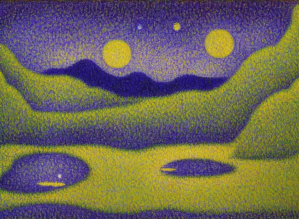 Prompt: a peaceful mountain valley with a lake at night, crescent moon, pointillism, style of georges seurat and paul signac, 4 : 3 aspects