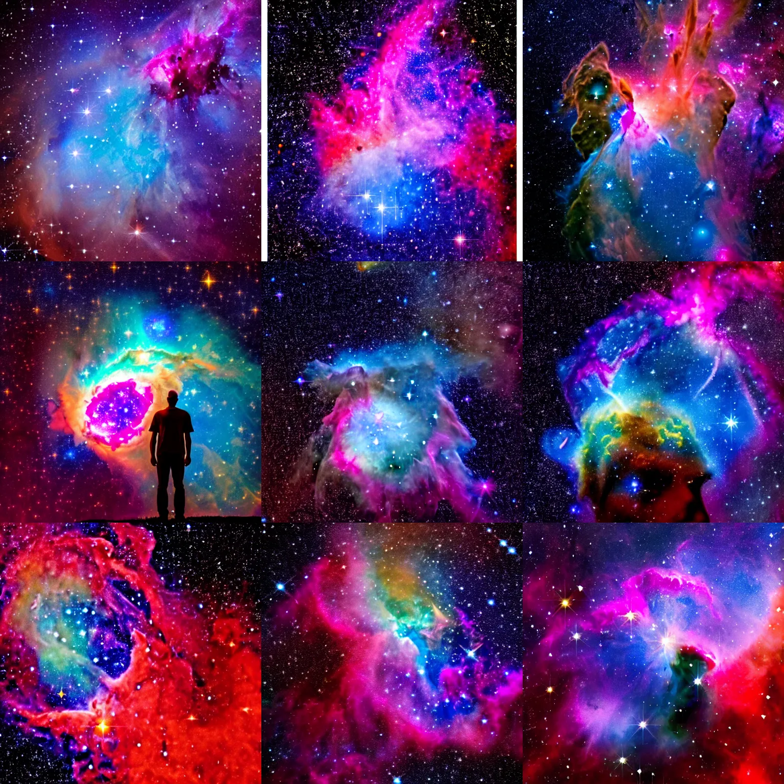 Prompt: man as a nebula, stars as eyes, astrophotography, colorful