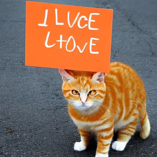 Image similar to cute orange tabby cat that holds a sign that says