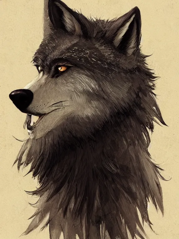 Prompt: 3/4 headshot of cute anthro wolf man, handsome, fantasy, intricate, long muzzle, wolf ears, fursona, black fur, elegant, highly detailed, digital painting, artstation, concept art, smooth, sharp focus, illustration, art by artgerm and greg rutkowski and alphonse mucha red wall in background