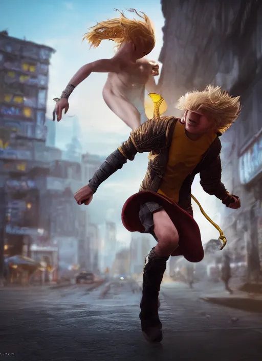 Image similar to An epic fantasy comic book style portrait painting of a young blonde boy thief running from a woman in a brothel, unreal 5, DAZ, hyperrealistic, octane render, cosplay, RPG portrait, dynamic lighting