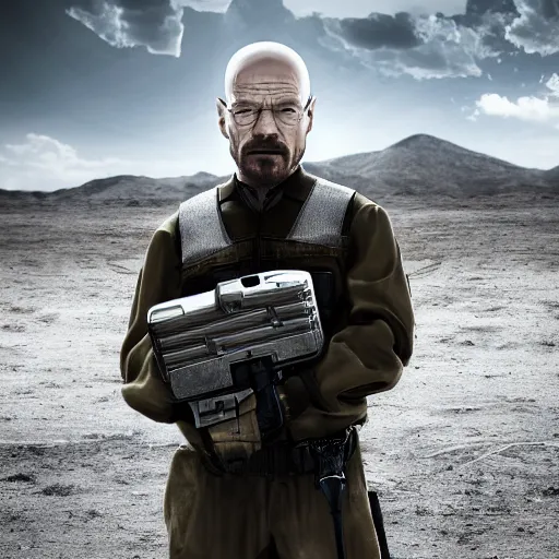 Image similar to Walter White wearing heavy modern military gear and holding a bulletproof shield, highly detailed, 8k octane render