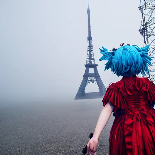 Image similar to touhou project cirno at duga - 1 radar station in fog with eiffel tower