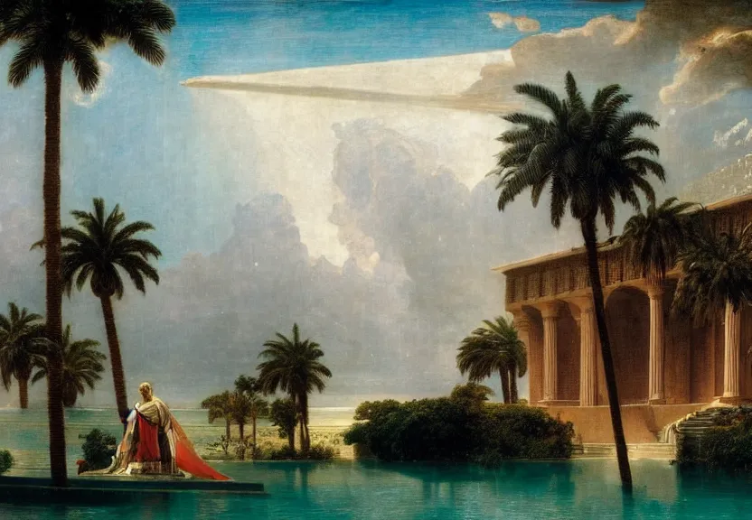 Image similar to Palace floating in the sky, 1km tall, thunderstorm, greek pool, beach and palm trees on the background major arcana sky, by paul delaroche, hyperrealistic 4k uhd, award-winning, very very very detailed