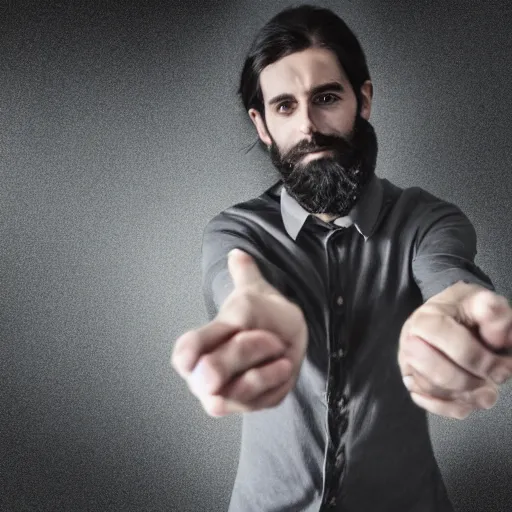 Image similar to a long, dark haired man with a light beard, dressed casually offering a handshake towards the camera, cinematic, gloomy background, realistic, digital art, character art, 8 k