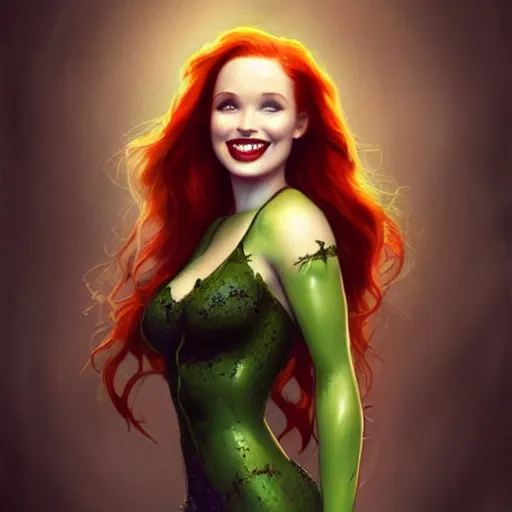 Image similar to beautiful Madelaine Petsch poison ivy DC comics taking a selfie, evil smile, realistic character concept, medium shot, fun pose, comic book, illustration, slender symmetrical face and body, artstation, cinematic lighting, hyperdetailed, high resolution, Charlie Bowater, Tom Bagshaw, single face, insanely detailed and intricate, beautiful