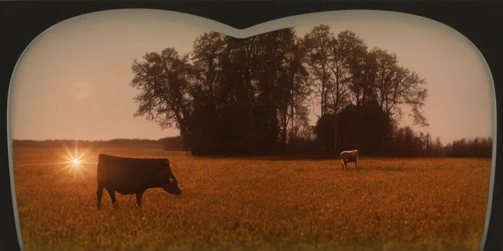 Image similar to detailed medium format photo, polaroid still from tarkovsky movie, a ufo beaming up a cow, at dusk near a small farmhouse, haze, high production value, intricate details, 8 k resolution, hyperrealistic, hdr, photorealistic, high definition, tehnicolor, award - winning photography, masterpiece, amazing colors