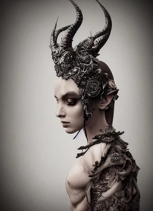 Image similar to a portrait of female by nekro borja, photorealistic, intricate details, hyper realistic, fantasy, elegant, baroque, horn, ram skull headpiece, photorealistic, photography, symmetrical features, symmetrical pose, wearable art, unreal engine,