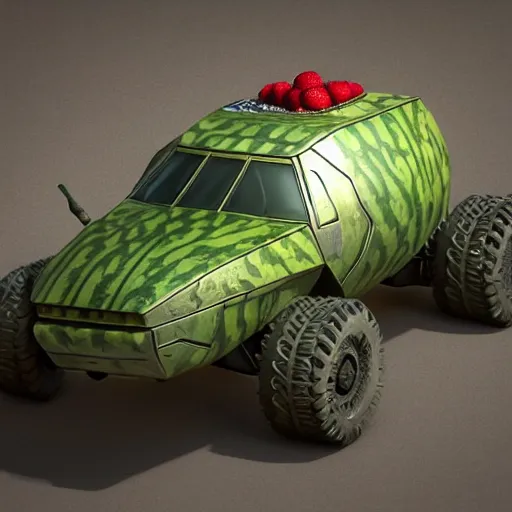 Prompt: Very very very very highly detailed sci-fi Watermelon military vehicle. Photorealistic Concept 3D digital art rendered in Highly Octane Render in style of Hiromasa Ogura Gost in the shell, more Watermelon less military vehicle, epic dimensional light