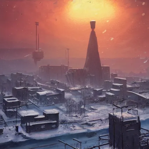 Image similar to a oil painting of brutalism old atom winter soviet town from frostpunk by Simon Stålenhag, in style of fractal landscape by Simon Stalenhag, atompunk, Sci-Fi, 8k, ultra detail, volumetric lighting, unreal engine, octane render, ultra realistic, max quality, epic 35 mm lens shot, photorealism