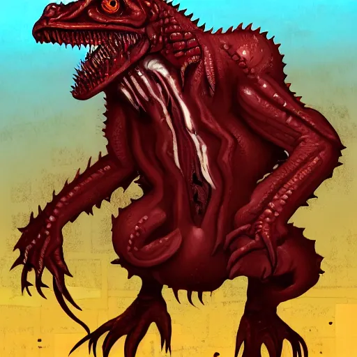 Image similar to big butcher anthropomorphic male lizardfolk posing scarily, scary angry pose, chasing you, bloody, covered in blood, fresh kill, cleaver, in a cave, earie setting, lovecraft eldritch horror, hyperdetailed, furaffinity, anthro art