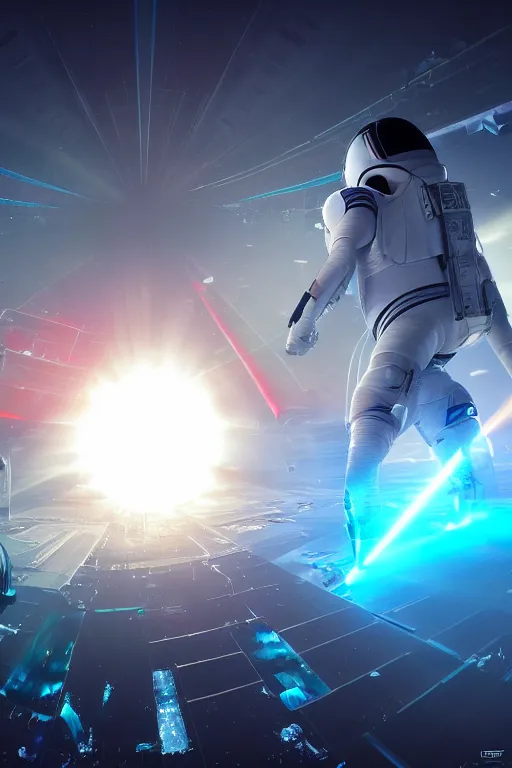 Prompt: wide view of futuristic spacemen firing lasers in zero gravity, floating, in the sky, bright white light, hiding behind obstacles, surrounded by a square laser grid, unreal engine, lensflares, low perspective, fish eye