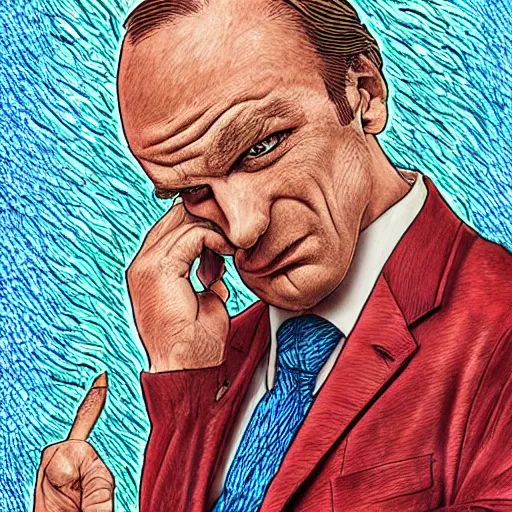 Image similar to The Artwork of R. Crumb and his Cheap Suit Saul-Goodman-Better-Call-Saul, pencil and colored marker artwork, trailer-trash lifestyle