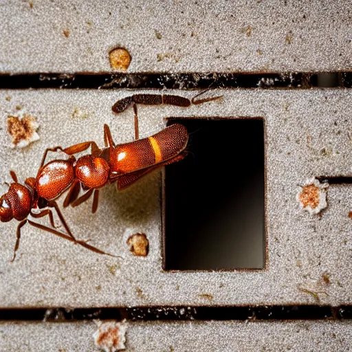 Prompt: many ants eating white candy bar, intricate detail, sharp focus, photorealism, soft diffuse autumn lights, some sunlight ray, dark room wall, canon 5 d 5 0 mm lens