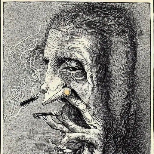 Image similar to tree with a human face smoking a cigarette, high detail, 1 9 th century illustration by john tenniel