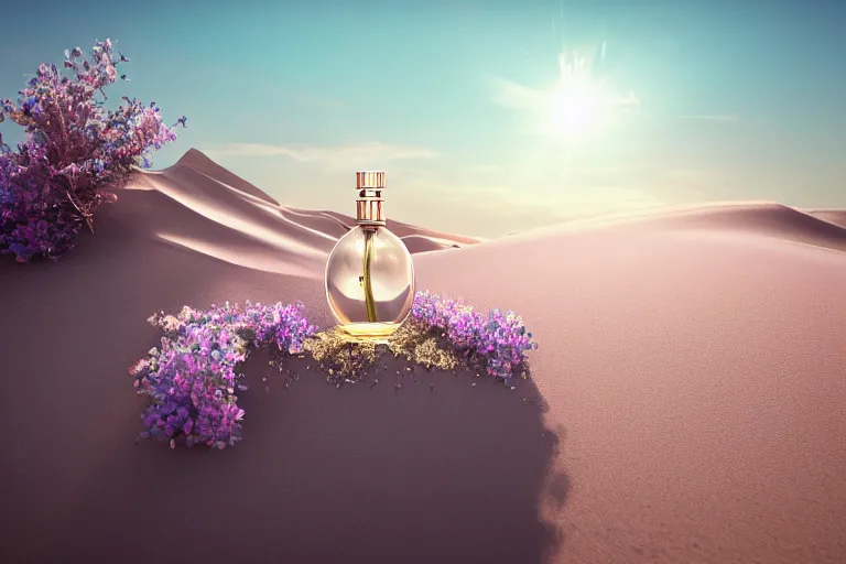 Image similar to perfume bottle buried in glittering oasis in the middle of a desert with little flowers, soft lilac skies, silky smooth, dramatic, mid day, sand dune background, large scale, wind - swept, lots of detail, realistic lighting, octane render, by wlop, artgerm, trending on artstation