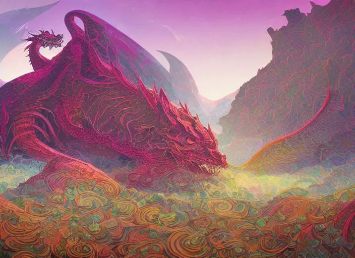 Image similar to psychedelic concept art of a dragon landscape made of thousands of spiraling dragons, cel shaded, in the style of makoto shinkai and moebius and peter mohrbacher and anton fadeev