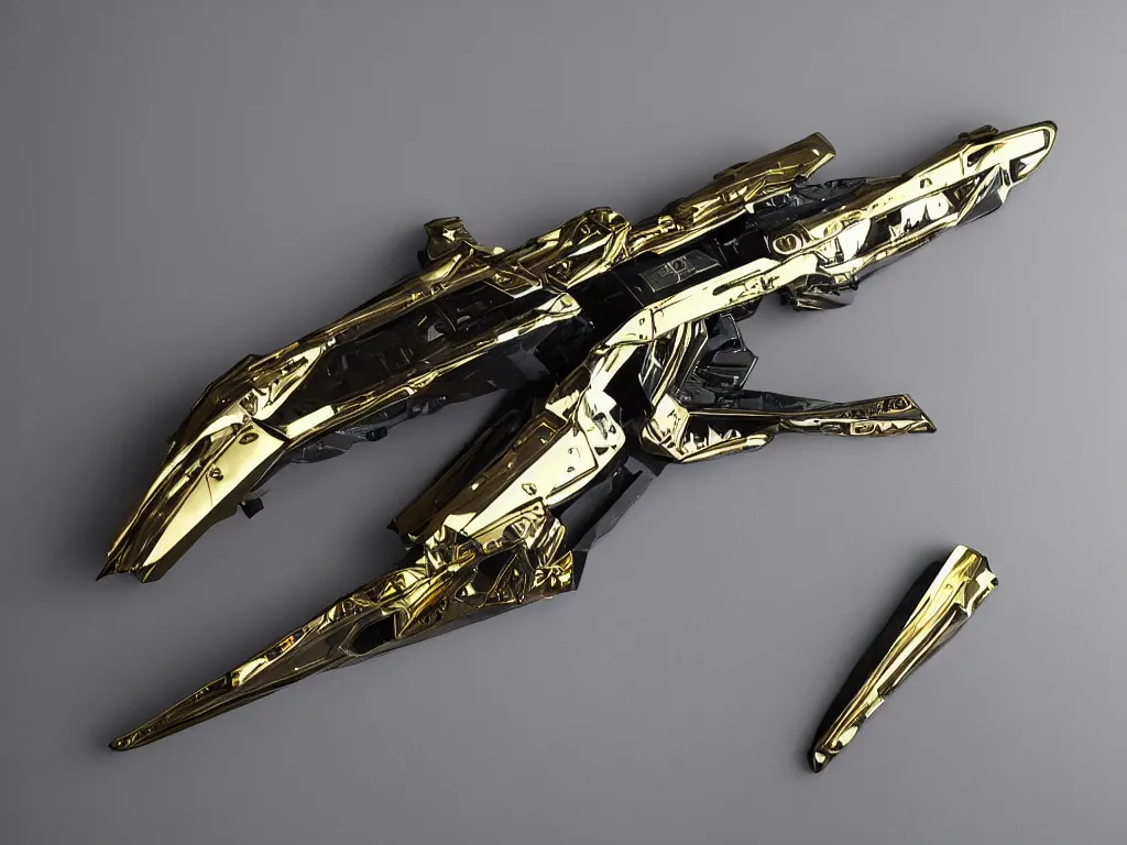 Prompt: intricate futuristic weapon made of brushed metal, chrome and carbon, gold linings