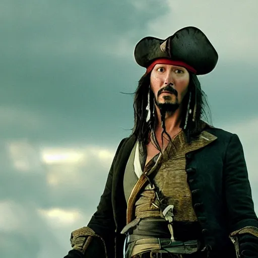 Prompt: a frame of Keanu Reeves in Pirates of the Caribbean
