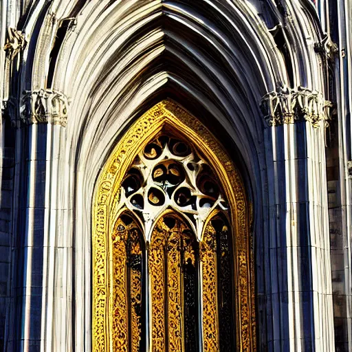 Image similar to a white marble gothic cathedral with mandala windows with sun reflection, golden hour, a gothic girl dressed in black with perfect face