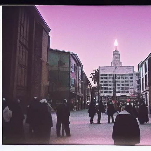 Image similar to low angle wide shot of busy Night Vale square, angels do not exist, scouts, hooded figures in robes, sunrise, polaroid photo, by Warhol,