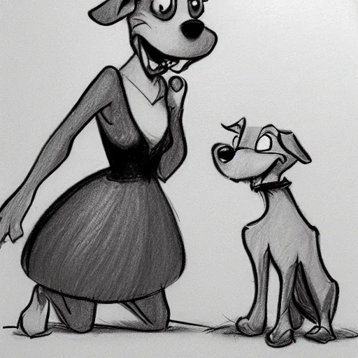 Image similar to milt kahl pencil sketch of happy mini schnauzer cartoon lady and the tramp style