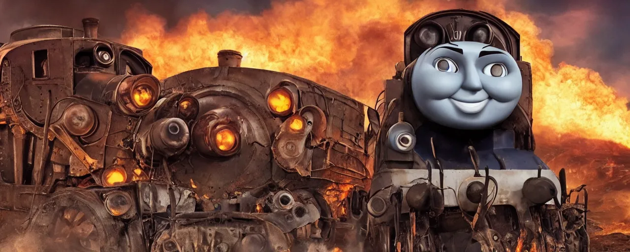 Image similar to Thomas the Tank Engine in the fiery Wasteland of MAD MAX: FURY ROAD