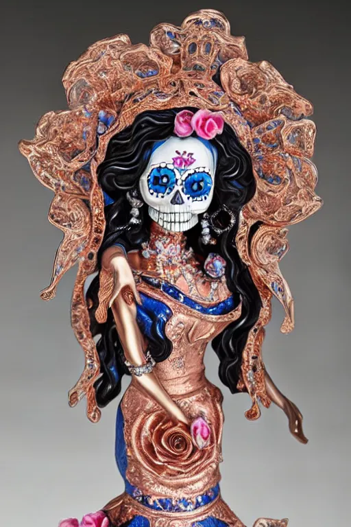 Prompt: an polished texturized sculpture of La Catrina in rose gold and white and blue chinese porcelain by kris kuksi