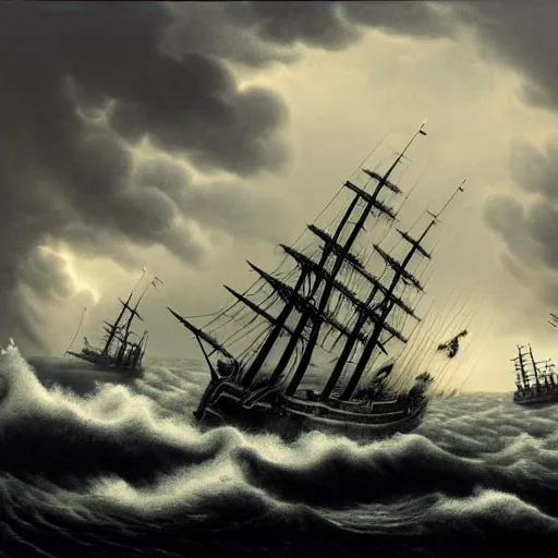 Prompt: a highly detailed scene of a ship being attacked by giant squid tentacles, dark, voluminous clouds, thunder, stormy seas, pirate ship, dark, high contrast